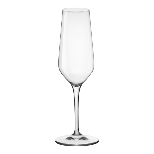 A clear wine glass with a long stem.