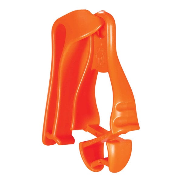 An orange plastic Ergodyne Squids glove clip holder with a belt clip.