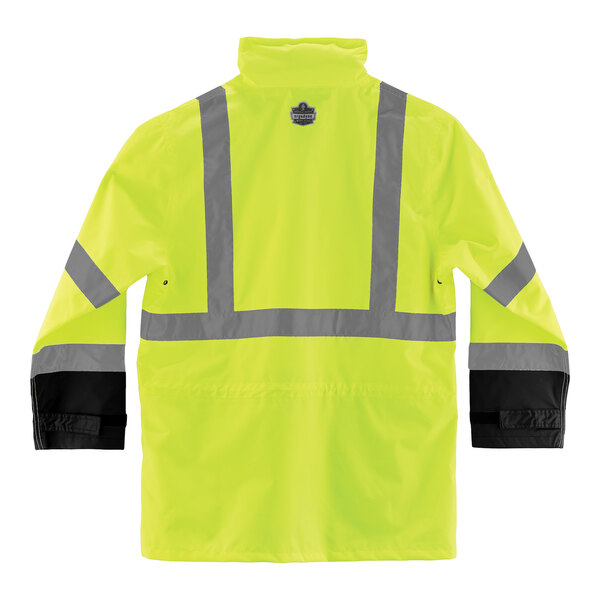 A yellow rain jacket with black front panel and grey stripes on the sleeves.