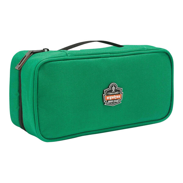 An Ergodyne Arsenal green tool organizer bag with a black handle and zipper.