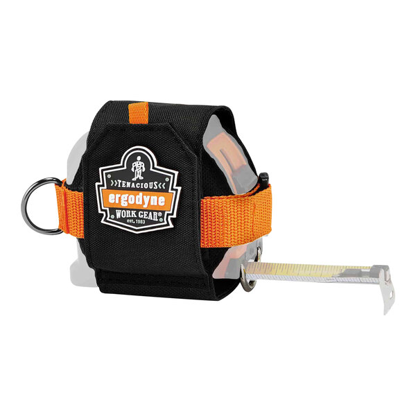 An Ergodyne Squids black tape measure holder with a belt clip.