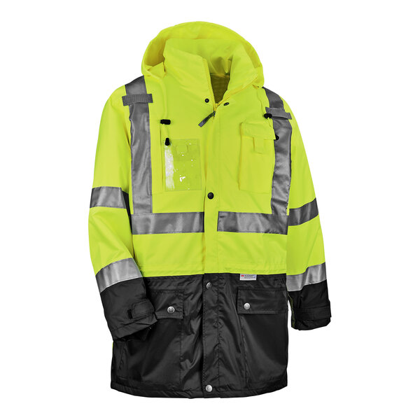 An Ergodyne hi-vis lime jacket with a black front panel.