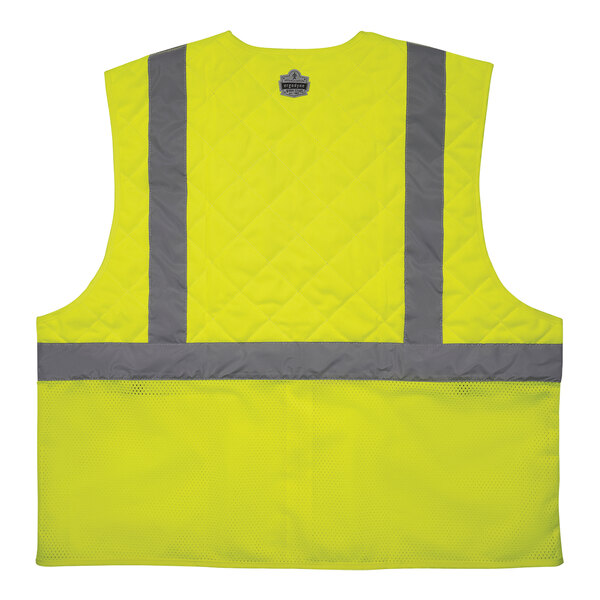 A yellow safety vest with grey reflective stripes.