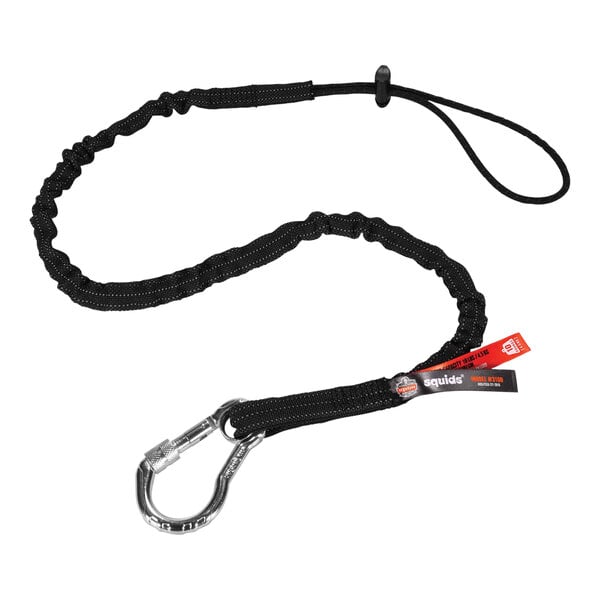 A black Ergodyne Squids tool lanyard with a carabiner and cinch loop.