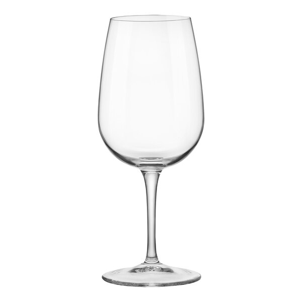 A clear Bormioli Rocco Inventa wine glass with a stem.