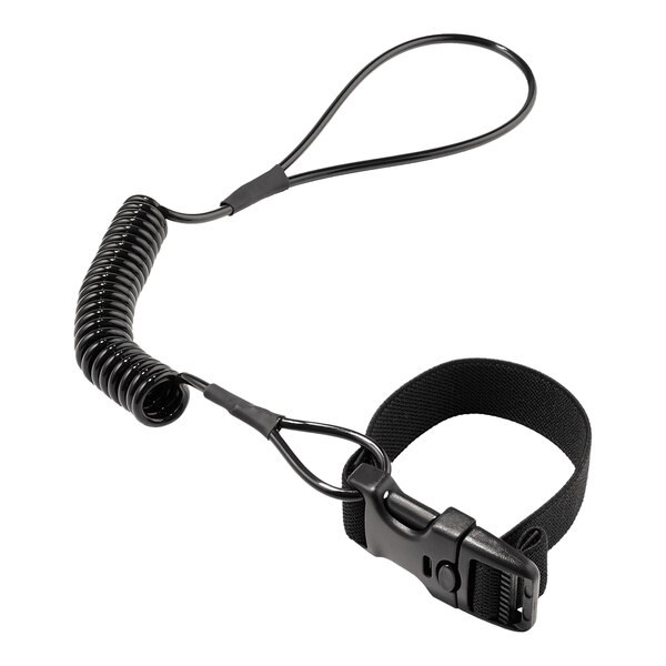 An Ergodyne black coiled hard hat lanyard with a black buckle.