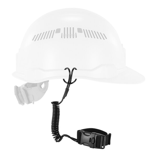 An Ergodyne black coiled hard hat lanyard attached to a white hard hat.