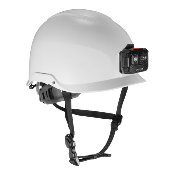 A white Ergodyne safety helmet with a black head strap.