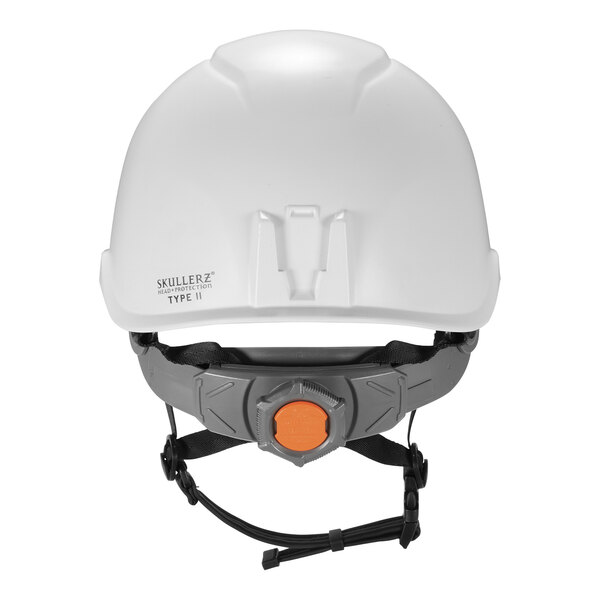 A white Ergodyne Skullerz safety helmet with LED light and orange straps.