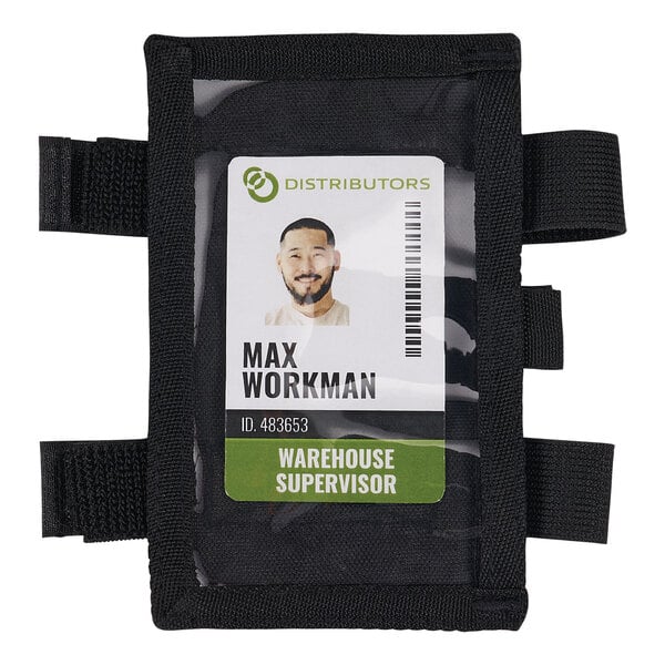 An Ergodyne Squids black arm ID badge holder with a worker's badge inside.