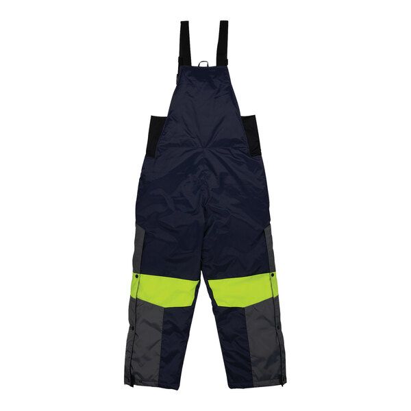 A pair of navy blue overalls with yellow and reflective accents.