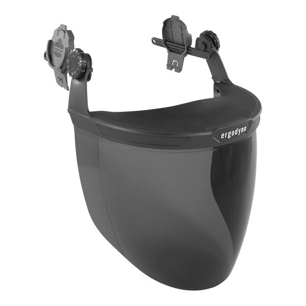 A black smoke face shield with an adapter for a black Skullerz hard hat.