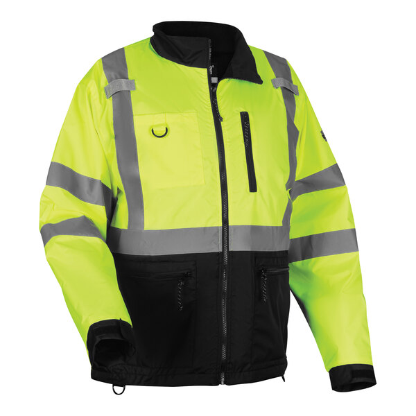 An Ergodyne high-visibility lime yellow and black windbreaker jacket with reflective stripes.