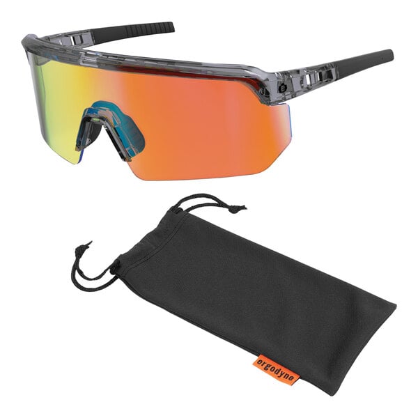 A pair of Ergodyne Skullerz AEGIR safety glasses with a black frame and orange mirrored lenses.