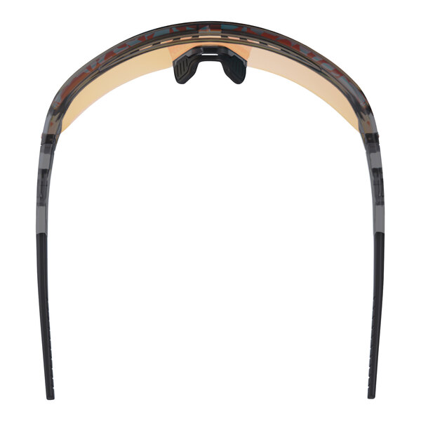 A pair of Ergodyne Skullerz AEGIR safety glasses with a clear smoke frame and orange mirrored lenses.