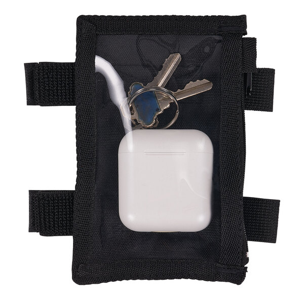 A white Ergodyne Squids arm ID badge holder with a black zipper pouch holding keys.