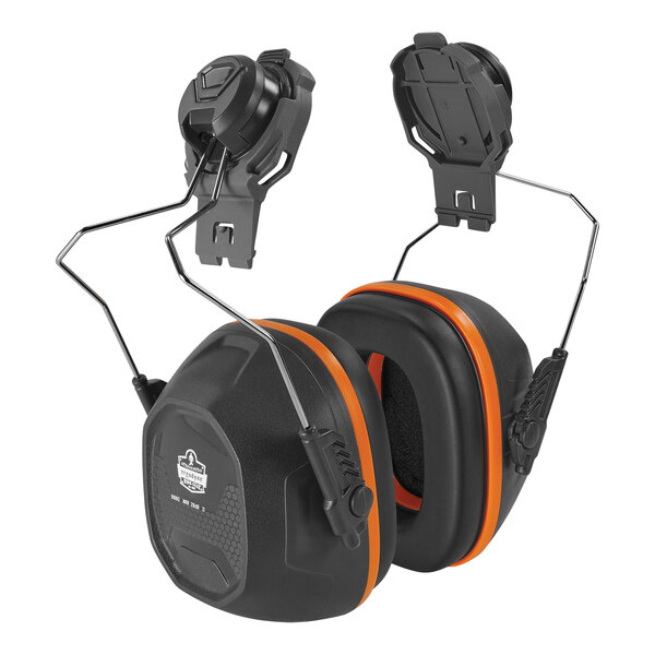 A pair of black and orange Ergodyne Skullerz ear muffs for full brim hard hats.