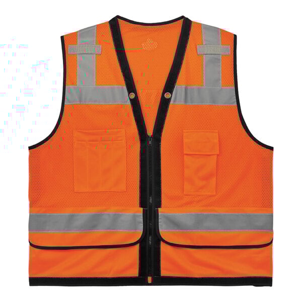 An Ergodyne GloWear orange heavy-duty mesh surveyors vest with reflective stripes.