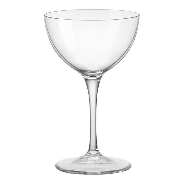 A clear wine glass with a stem.
