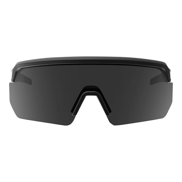 A close up of Ergodyne Skullerz AEGIR safety glasses with a matte black frame and smoke lenses.