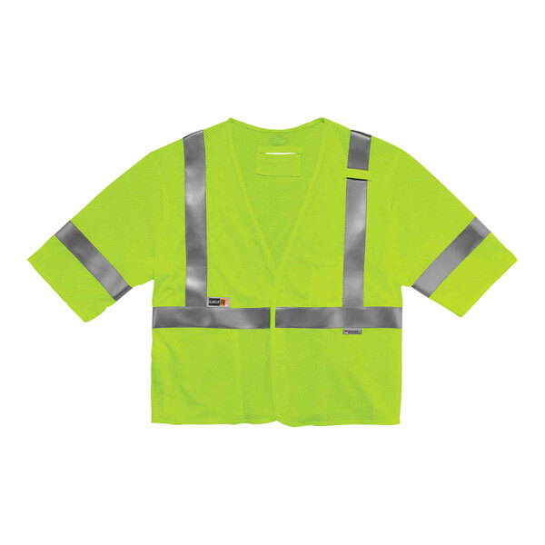 An Ergodyne high-vis lime green mesh vest with sleeves, reflective stripes, and reflective tape.