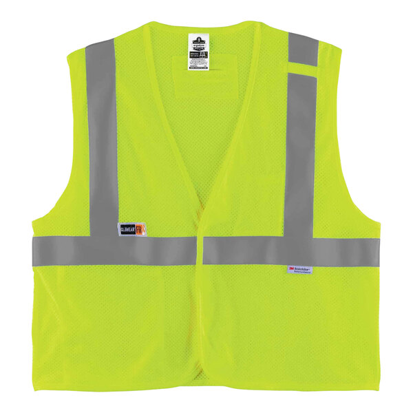 An Ergodyne GloWear lime green reflective mesh vest with grey stripes.
