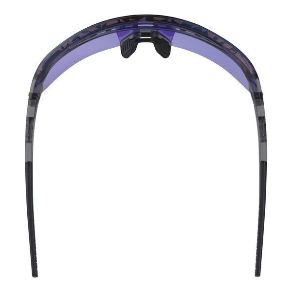 A pair of Ergodyne Skullerz safety glasses with clear smoke frames and blue mirrored lenses.
