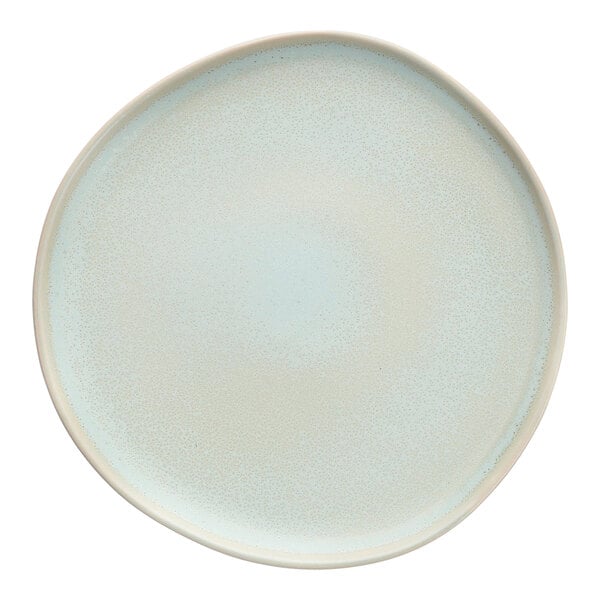 A white plate with a light blue rim.