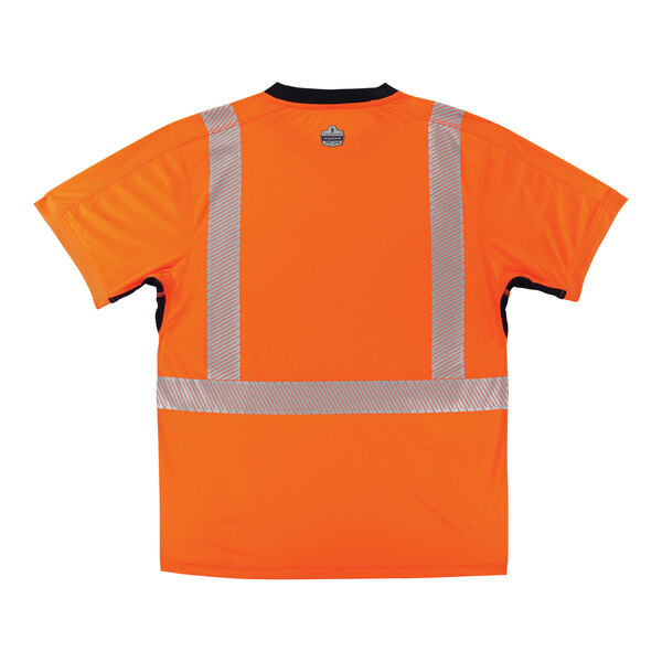 An Ergodyne high-vis orange short sleeve shirt with reflective stripes on the back and black front panel.
