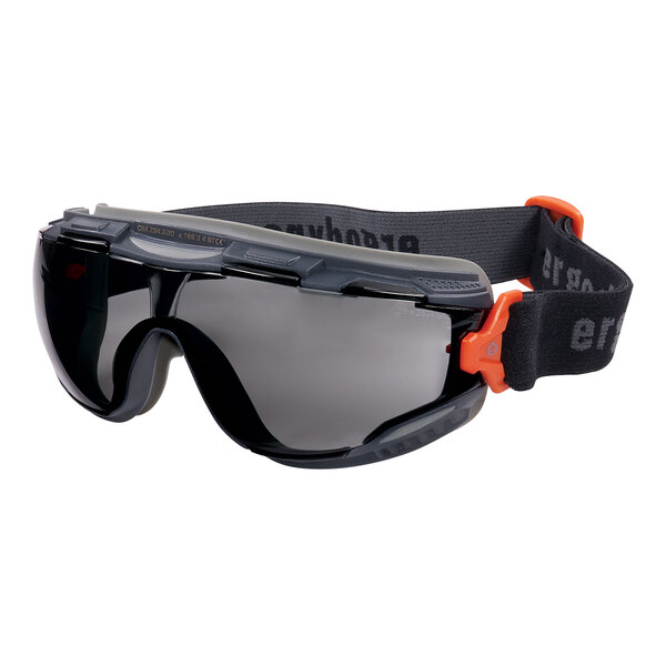 A close up of Ergodyne Skullerz safety goggles with a grey frame.