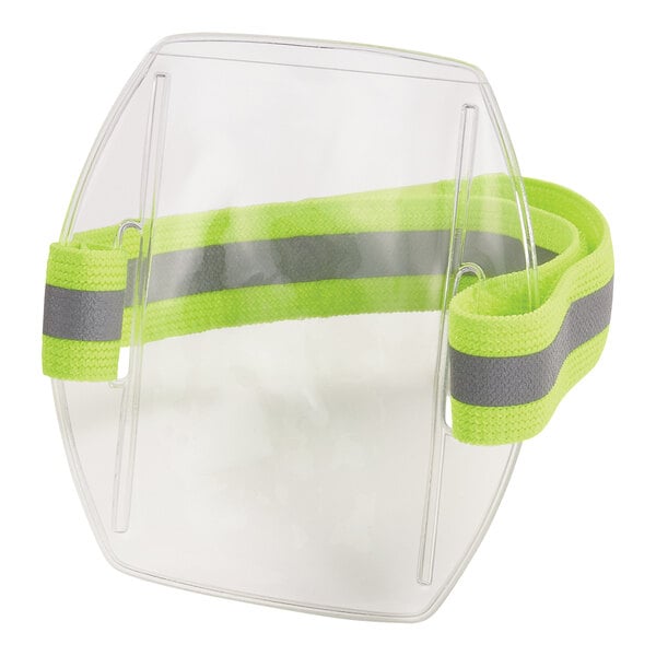 A clear vinyl arm band with reflective stripes and a green strap.