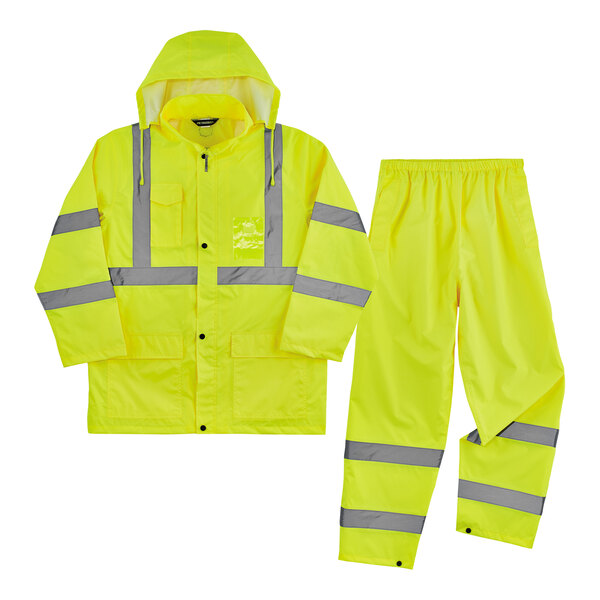 A yellow rain jacket and pants with grey stripes.