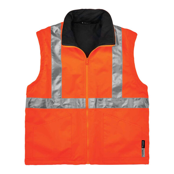 An orange Ergodyne hi-vis winter jacket with reflective stripes.
