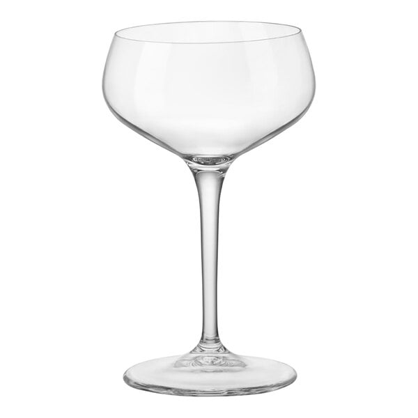 A clear wine glass with a long stem.