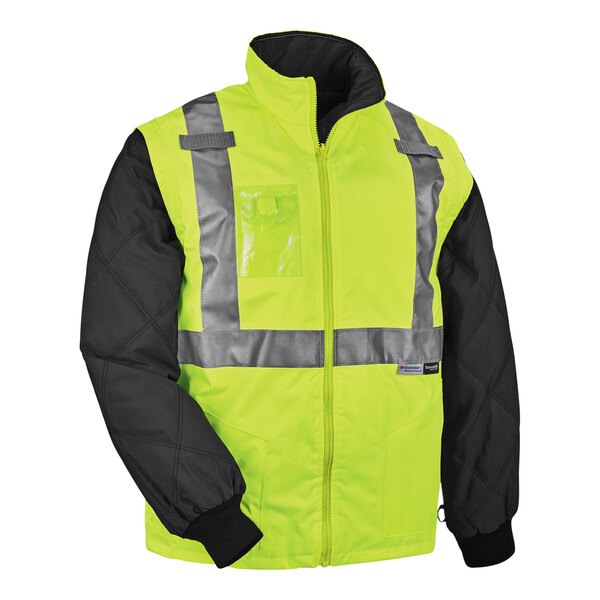 An Ergodyne high visibility lime yellow jacket with black accents and reflective stripes.