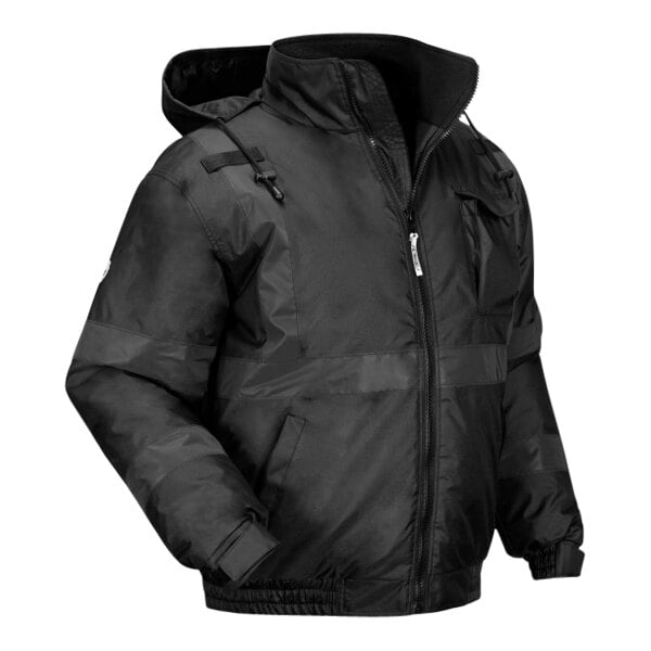 An Ergodyne black winter bomber jacket with a hood and zipper.