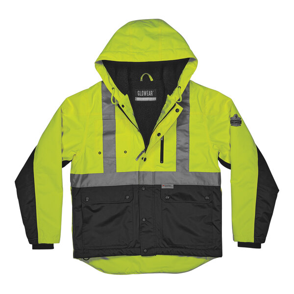 A yellow and black Ergodyne high-visibility workwear jacket with reflective stripes on the front.