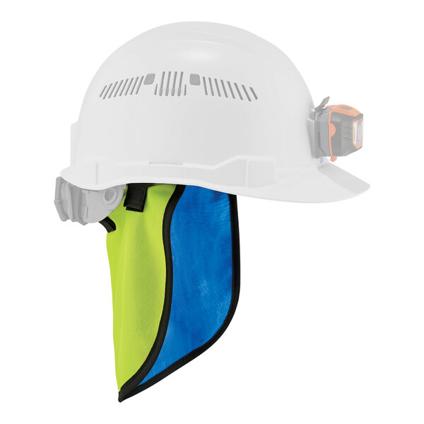 A white hard hat with a blue and green cloth neck shade.