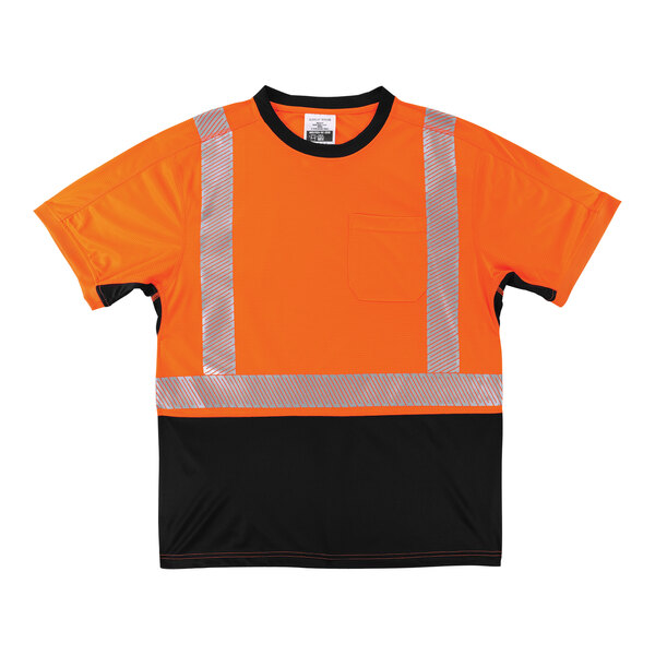 An orange and black Ergodyne hi-vis safety shirt with reflective stripes.