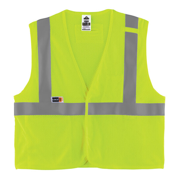 A lime green Ergodyne reflective mesh vest with grey stripes.
