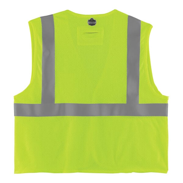A lime green mesh vest with yellow and grey reflective stripes.