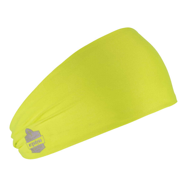 A yellow headband with a silver logo.