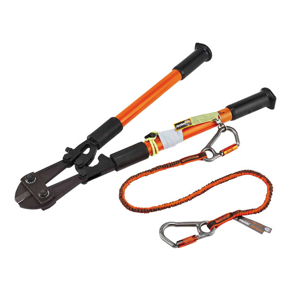 An Ergodyne Squids iron and steel workers tool tethering kit with a leash, a hook, and a pair of pliers.