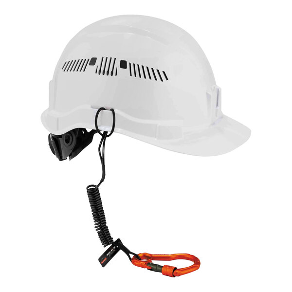 An Ergodyne Squids iron and steel workers tool tethering kit attached to a white hard hat.