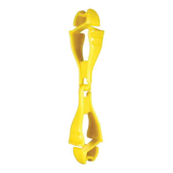 A yellow plastic Ergodyne Squids glove clip with dual clips.