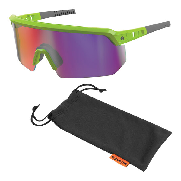 Ergodyne Skullerz AEGIR safety glasses with lime frame and purple mirrored lenses in a black case with a drawstring.