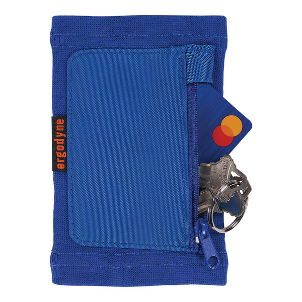 A blue wallet with keys and a card in it.