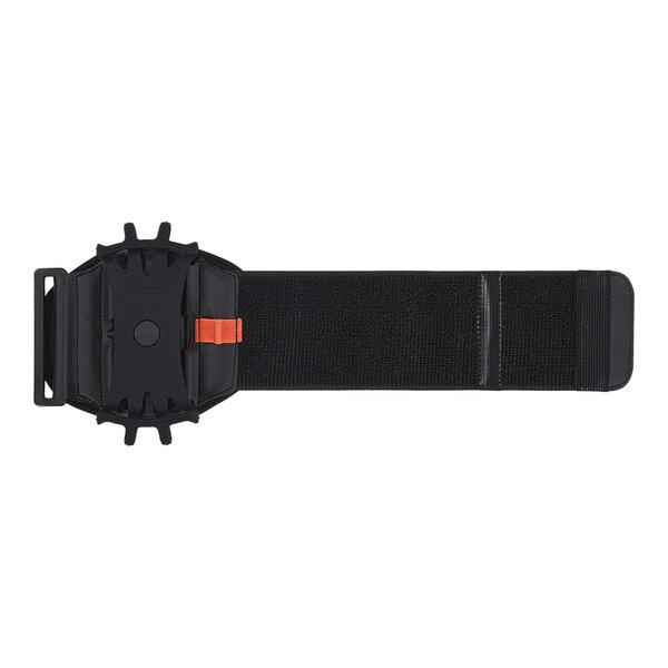 A black wrist strap with an orange and red buckle.