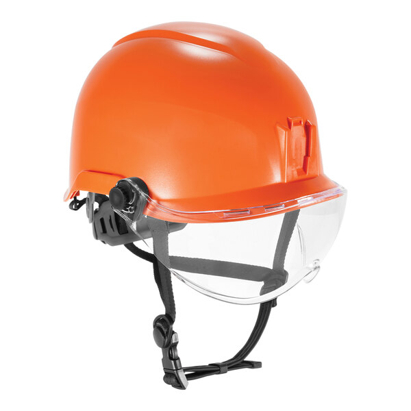 An orange Ergodyne Skullerz safety helmet with clear plastic visor attached.