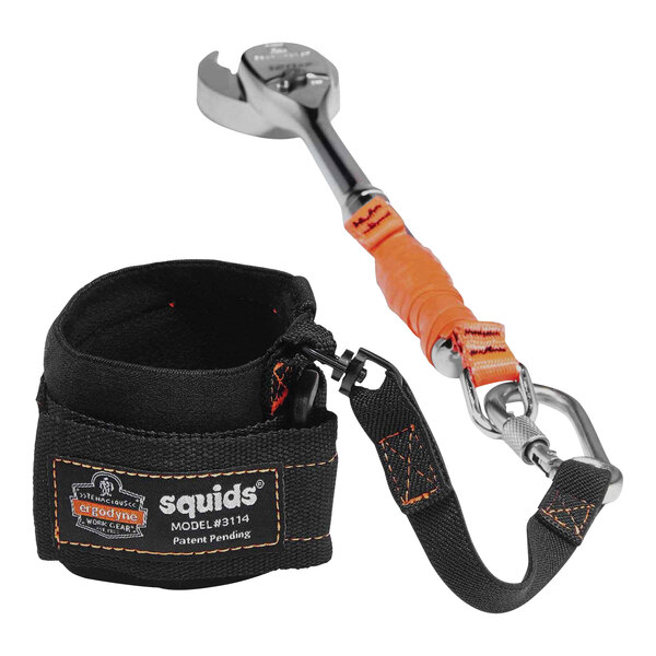 A close-up of an Ergodyne Squids black wrist lanyard attached to a tool.